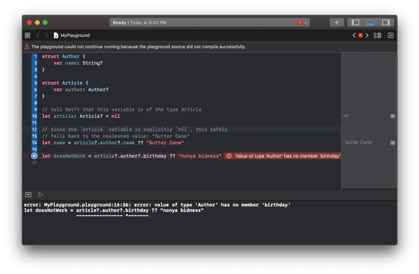 Demonstrating what optional chaining can't do in a Swift Xcode playground